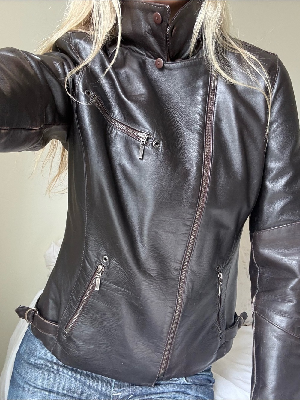 vintage Dark Brown genuine cow Leather Moto Jacket funnel high neck